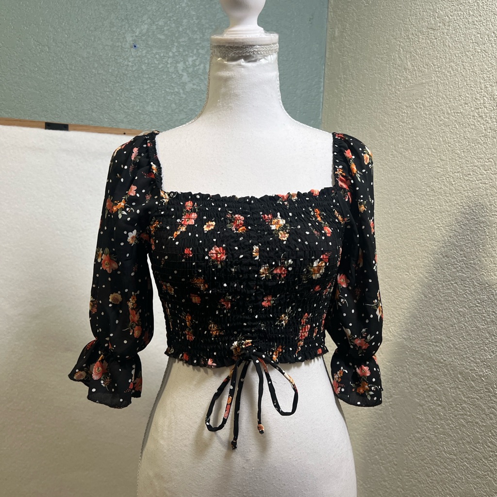 Timing Black Floral Smocked Blouse